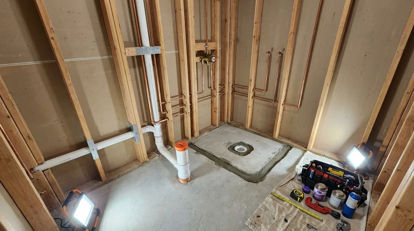Bathroom rough-in plumbing during remodel by Johns Plumbing LLC in Ypsilanti