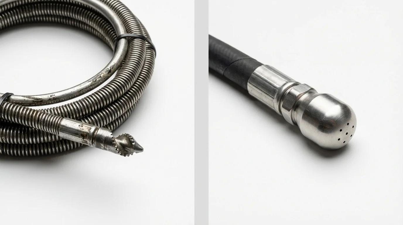Drain snake cable and hydro jetting nozzle used for drain cleaning in Ypsilanti, MI