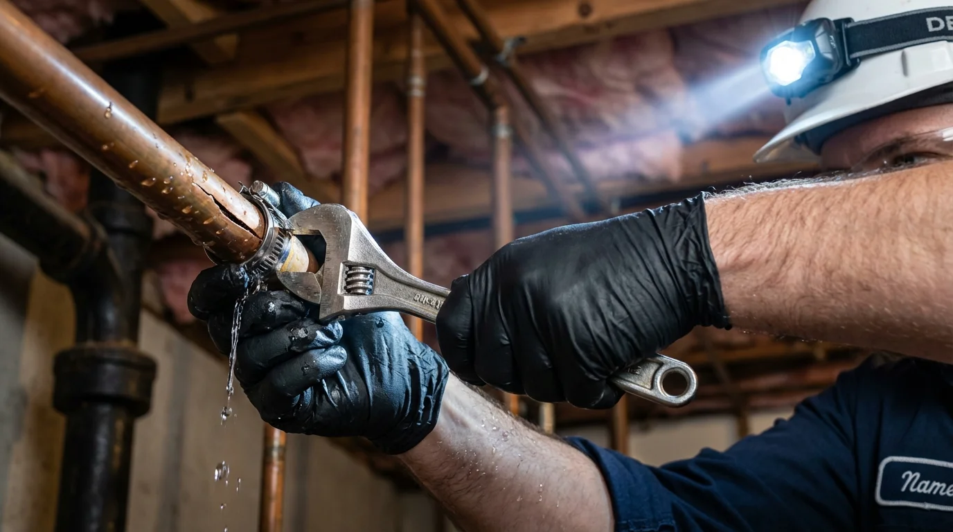 Emergency pipe clamp repair being performed by a Johns Plumbing LLC plumber in Ypsilanti