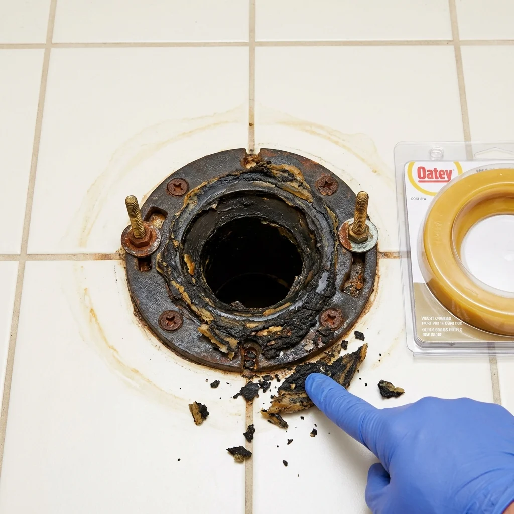 Failed wax ring showing water seepage at the base of a toilet in a Ypsilanti, MI home
