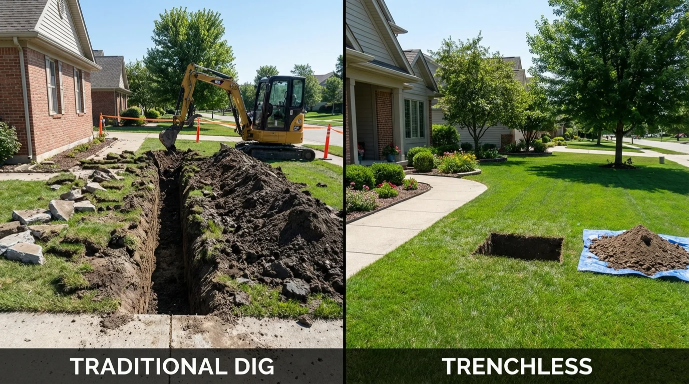 Trenchless sewer repair with minimal yard damage versus traditional excavation in Ypsilanti, MI