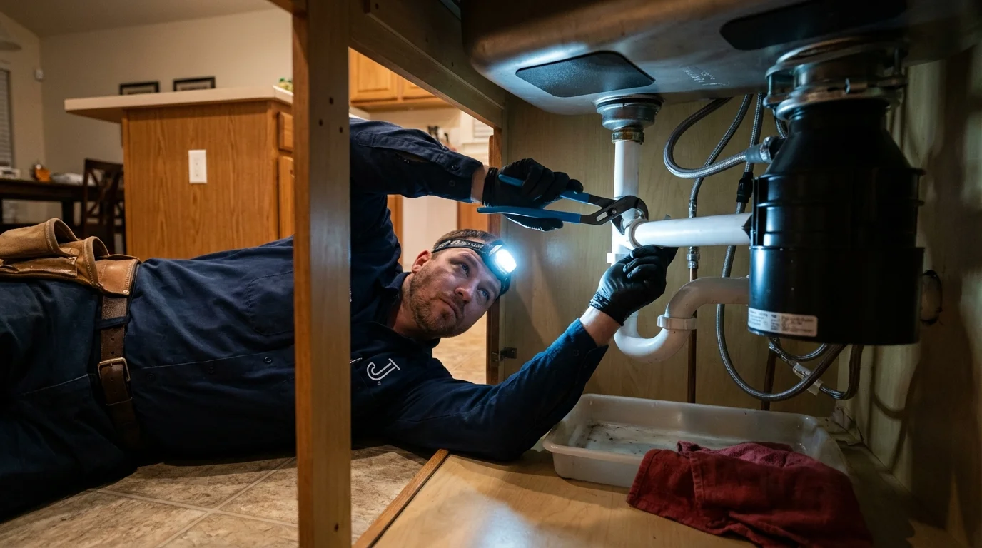 P-trap and supply line connections under a kitchen sink showing a common leak point in Ypsilanti, MI